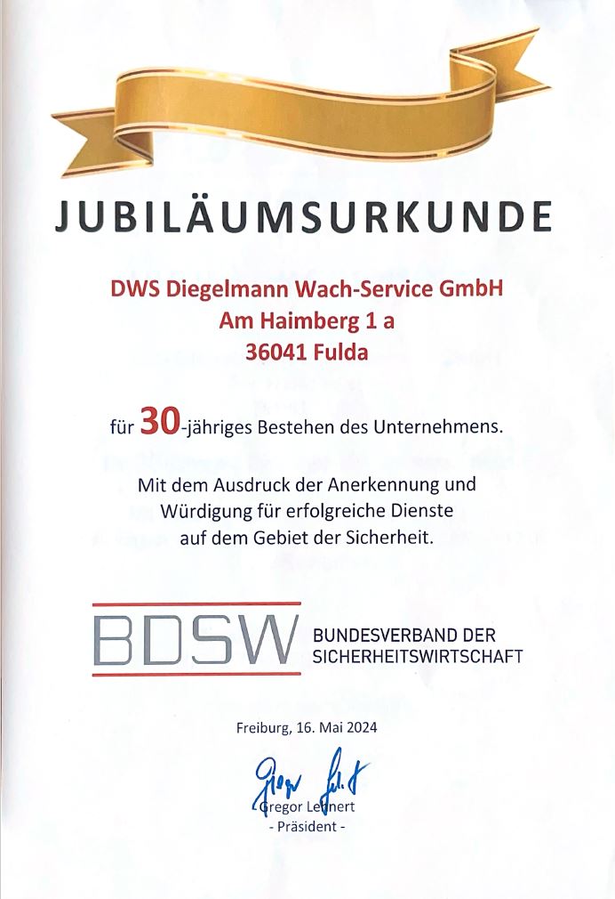 Jubiläumsurkunde 30-jähriges Bestehen - DWS Fulda